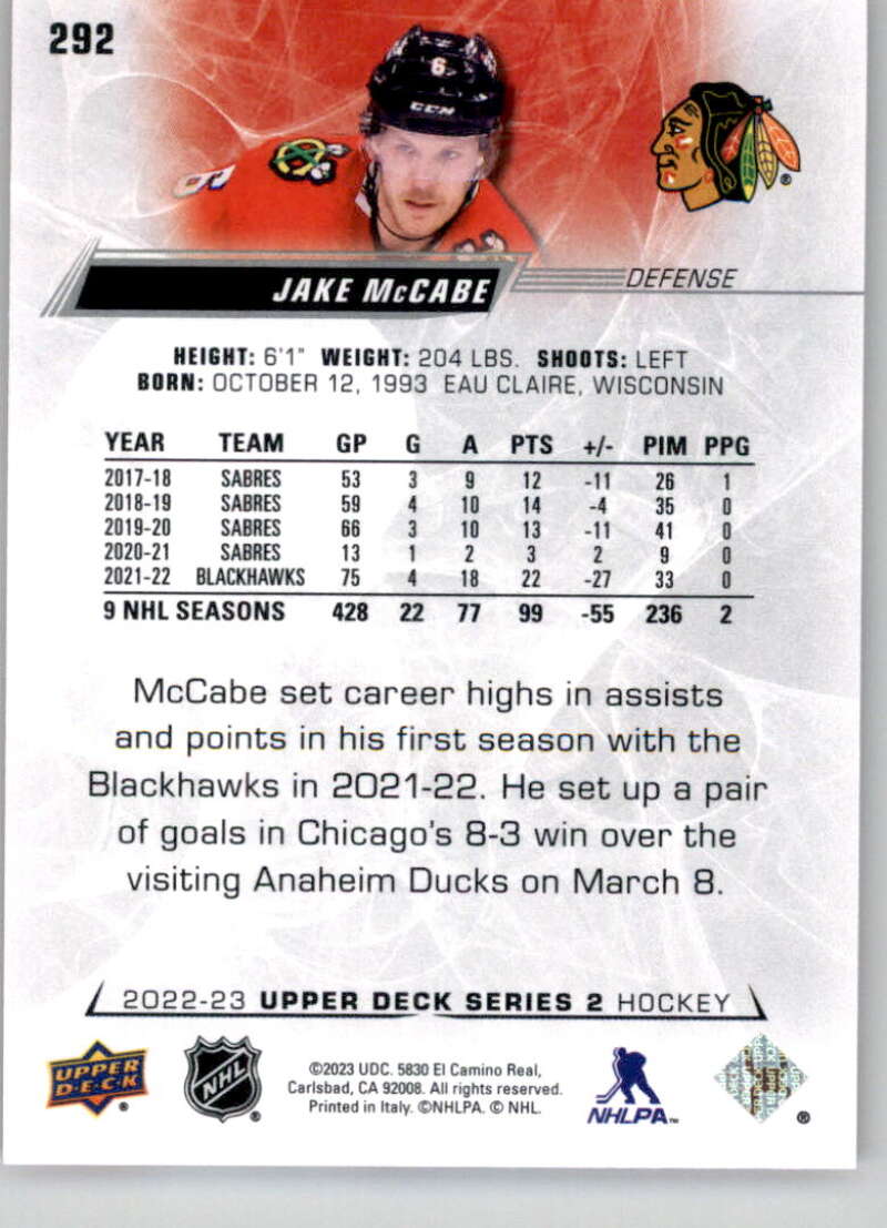 2022-23 Upper Deck Hockey #292 Jake McCabe Chicago Blackhawks Image 2