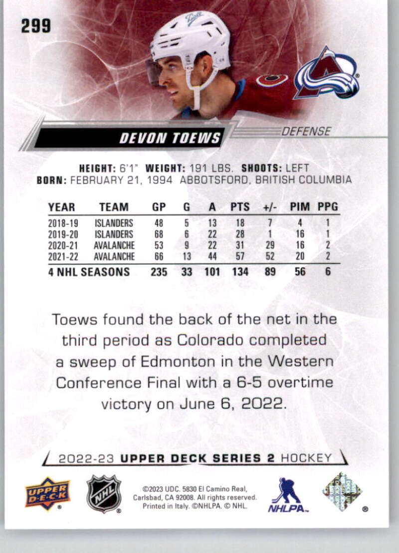 2022-23 Upper Deck Hockey #299 Devon Toews Colorado Avalanche Image 2