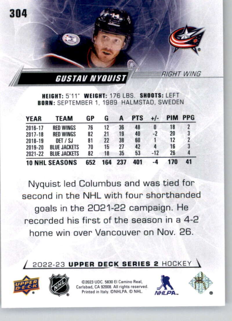 2022-23 Upper Deck Hockey #304 Gustav Nyquist Columbus Blue Jackets Image 2