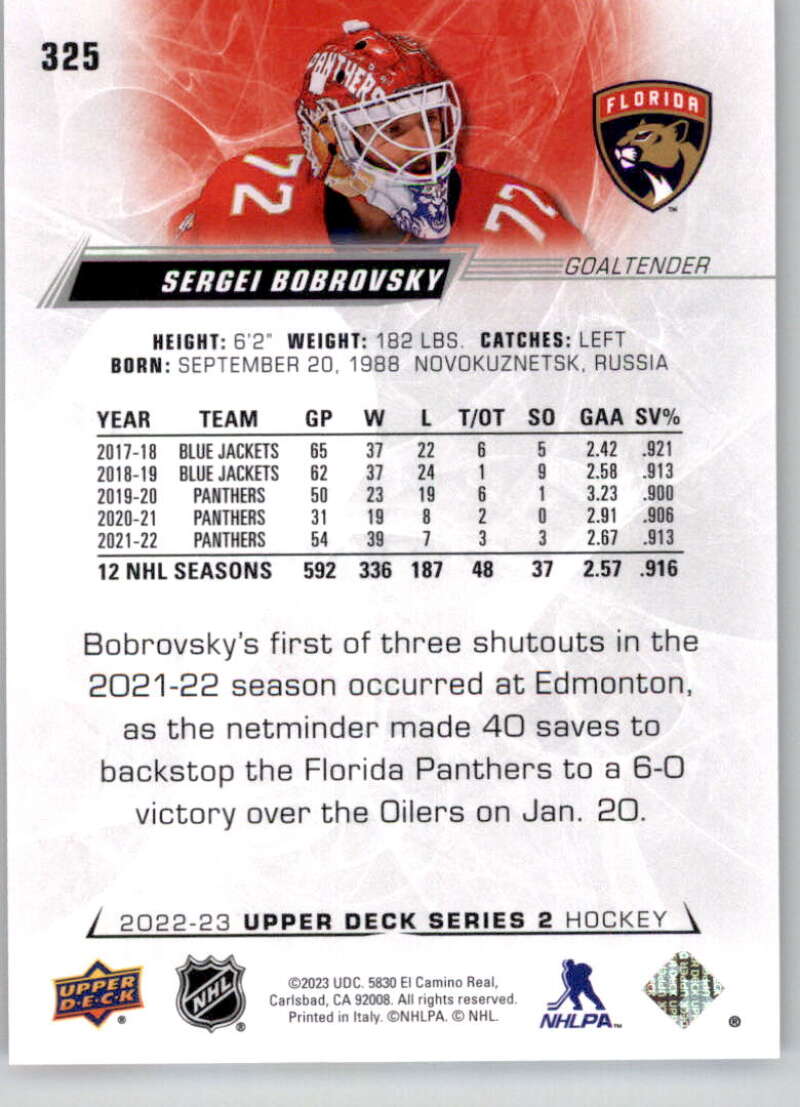 2022-23 Upper Deck Hockey #325 Sergei Bobrovsky Florida Panthers Image 2