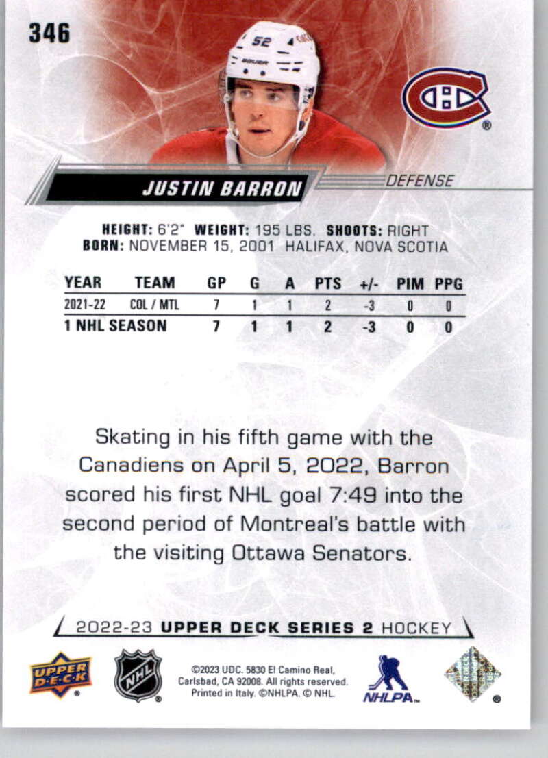 2022-23 Upper Deck Hockey #346 Justin Barron Montreal Canadiens Image 2