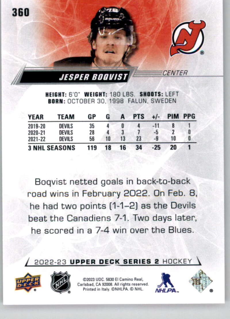 2022-23 Upper Deck Hockey #360 Jesper Boqvist New Jersey Devils Image 2