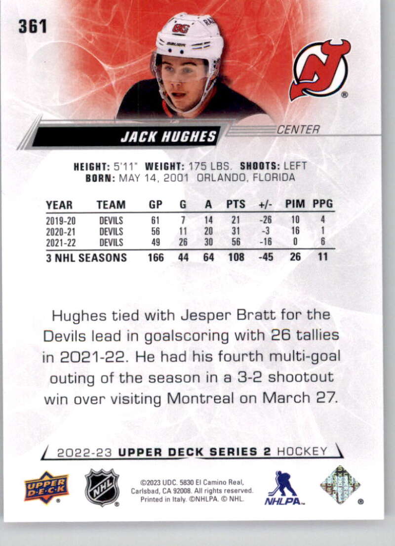 2022-23 Upper Deck Hockey #361 Jack Hughes New Jersey Devils Image 2