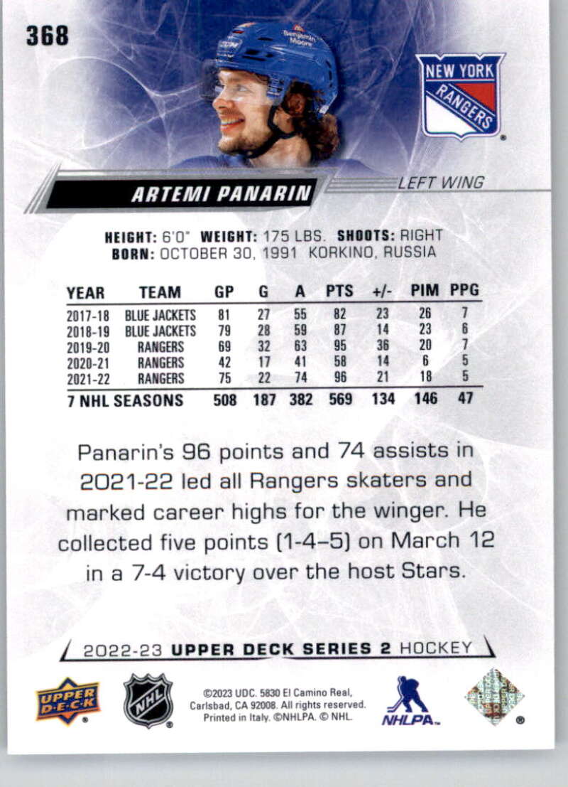 2022-23 Upper Deck Hockey #368 Artemi Panarin New York Rangers Image 2