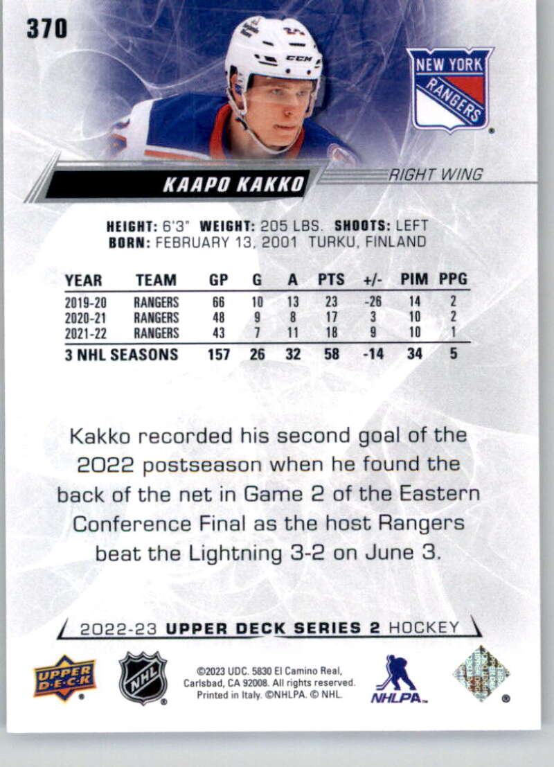 2022-23 Upper Deck Hockey #370 Kaapo Kakko New York Rangers Image 2