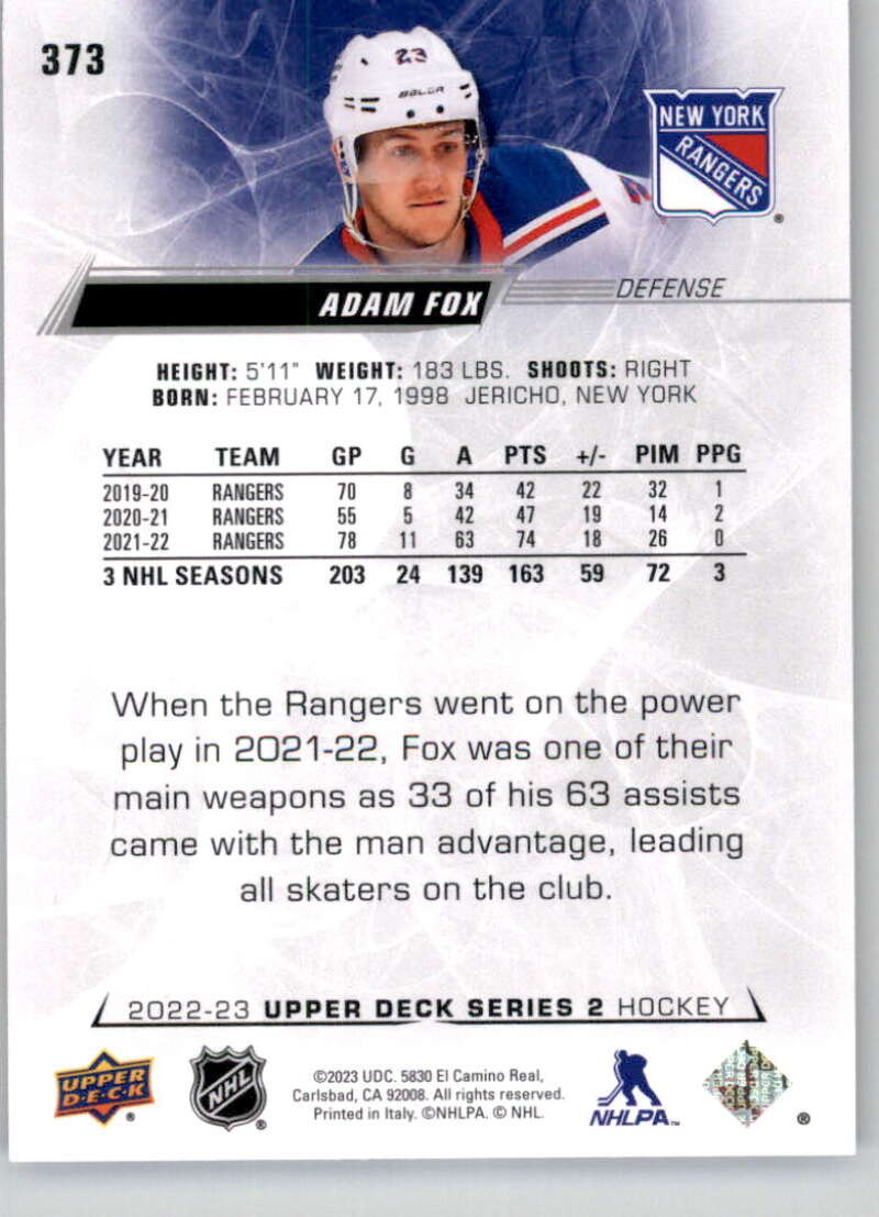 2022-23 Upper Deck Hockey #373 Adam Fox New York Rangers Image 2