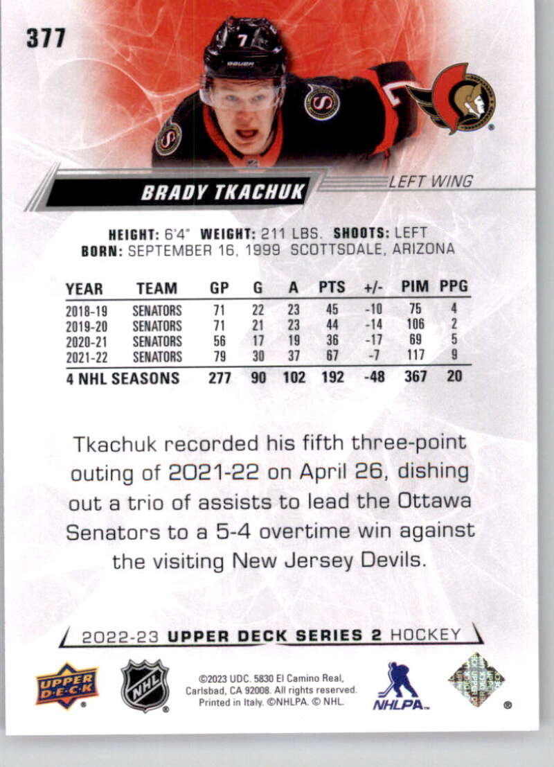 2022-23 Upper Deck Hockey #377 Brady Tkachuk Ottawa Senators Image 2