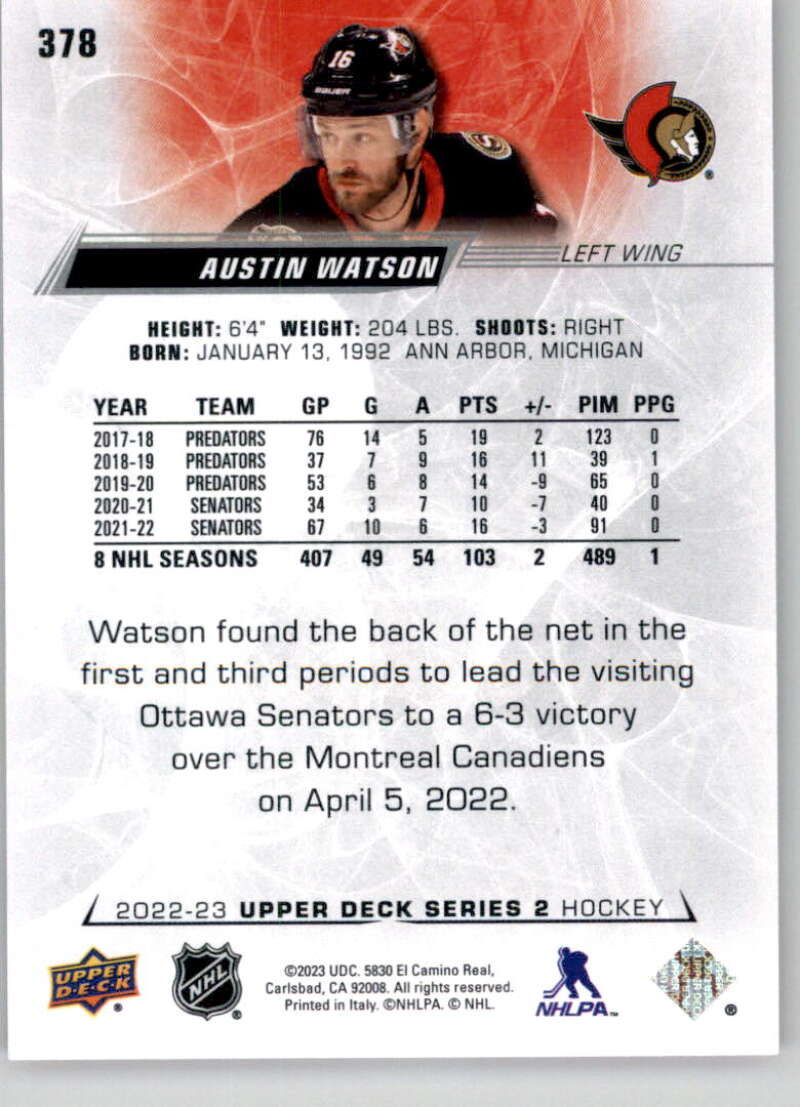 2022-23 Upper Deck Hockey #378 Austin Watson Ottawa Senators Image 2