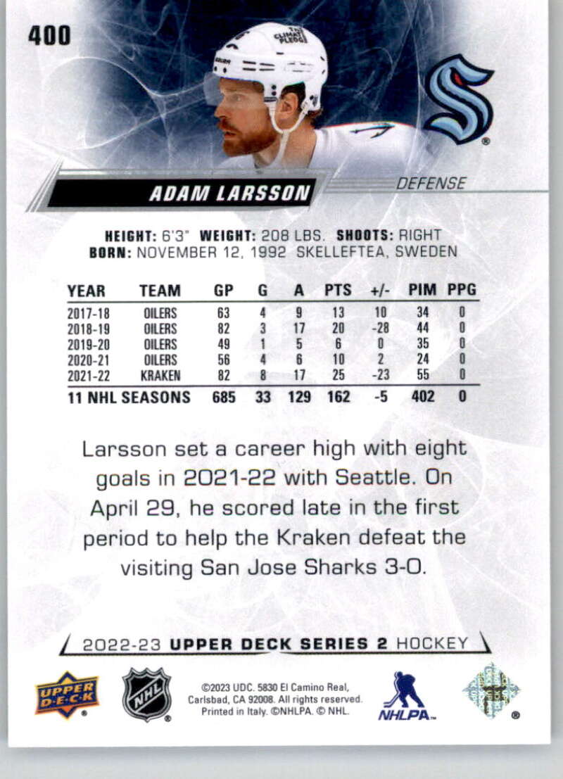 2022-23 Upper Deck Hockey #400 Adam Larsson Seattle Kraken Image 2