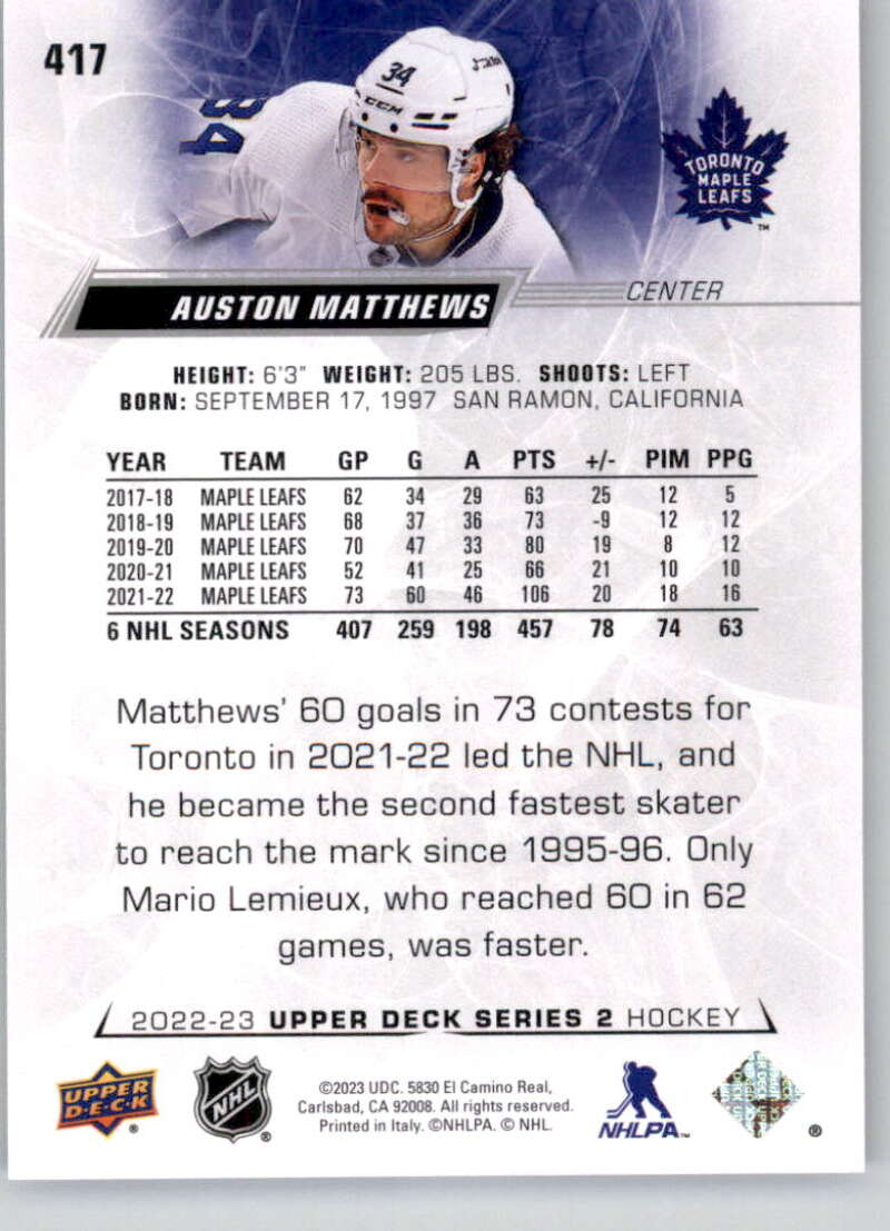 2022-23 Upper Deck Hockey #417 Auston Matthews Toronto Maple Leafs Image 2