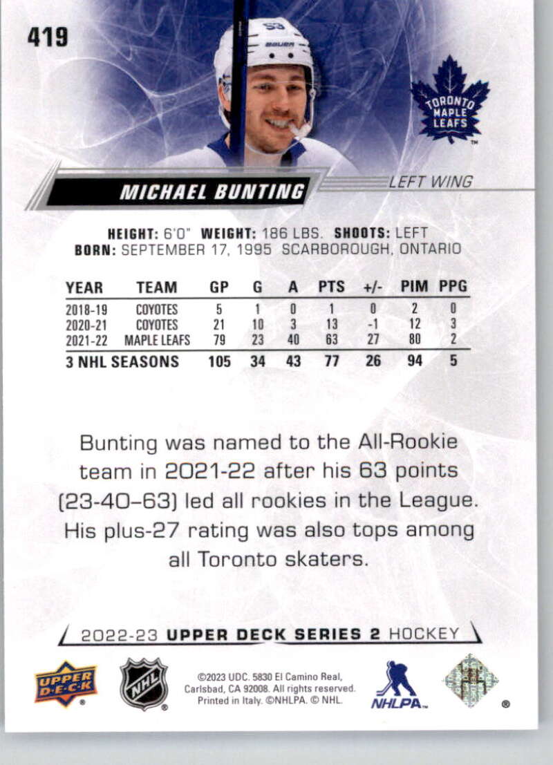 2022-23 Upper Deck Hockey #419 Michael Bunting Toronto Maple Leafs Image 2