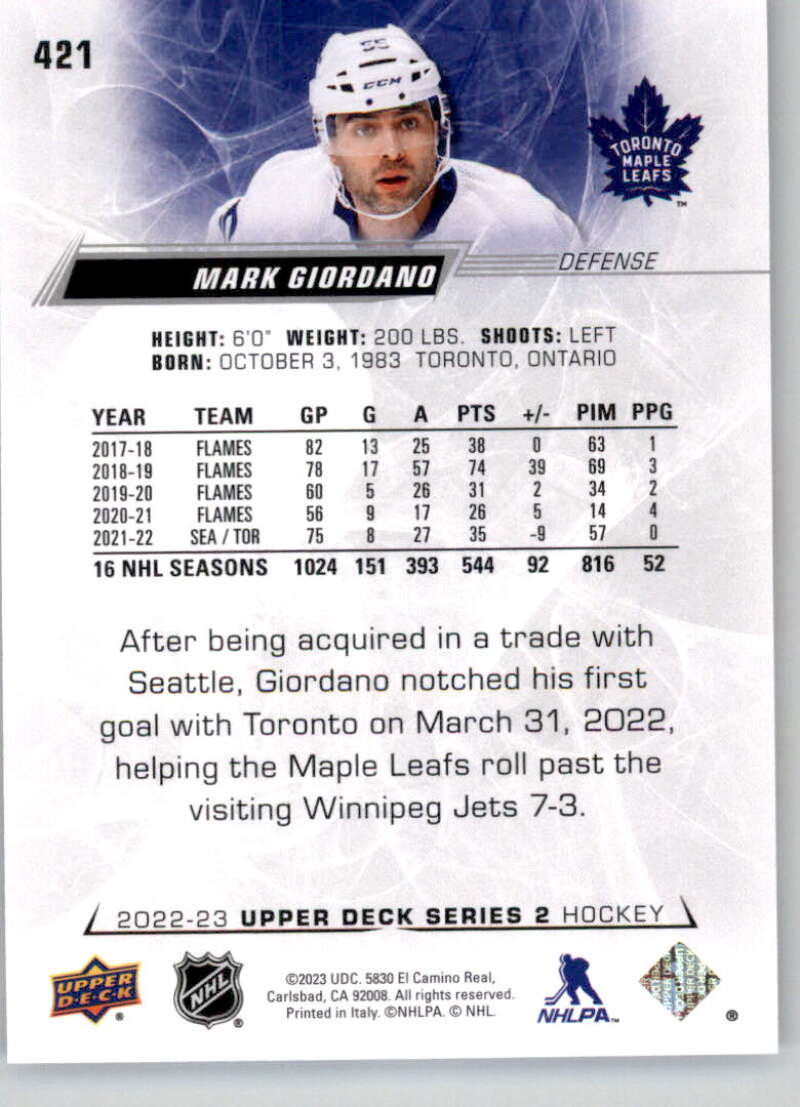 2022-23 Upper Deck Hockey #421 Mark Giordano Toronto Maple Leafs Image 2