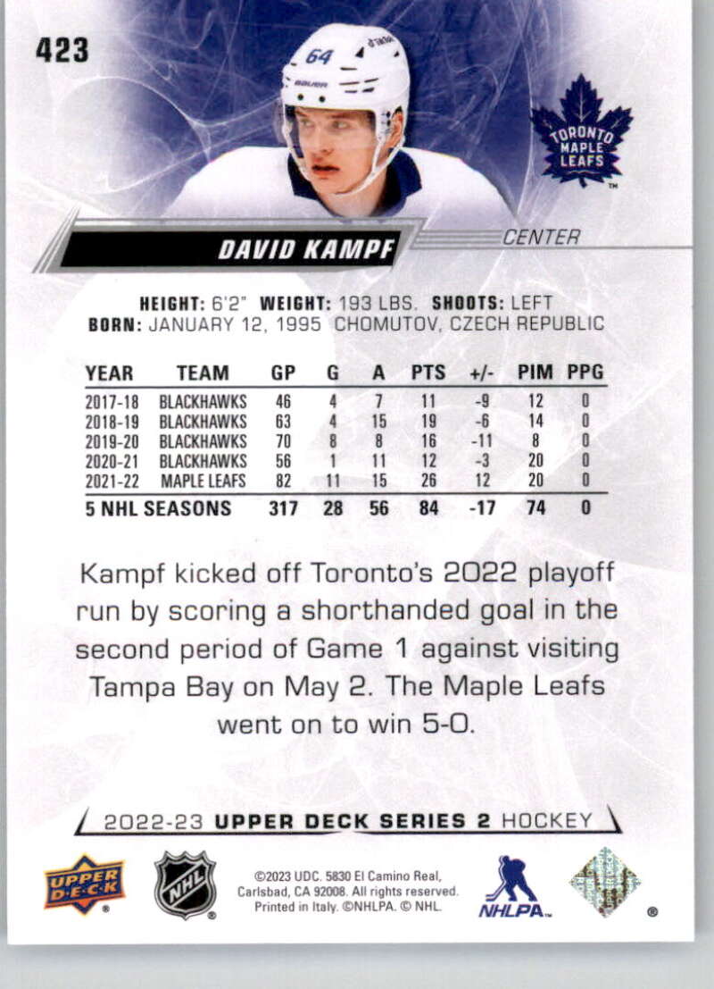 2022-23 Upper Deck Hockey #423 David Kampf Toronto Maple Leafs Image 2