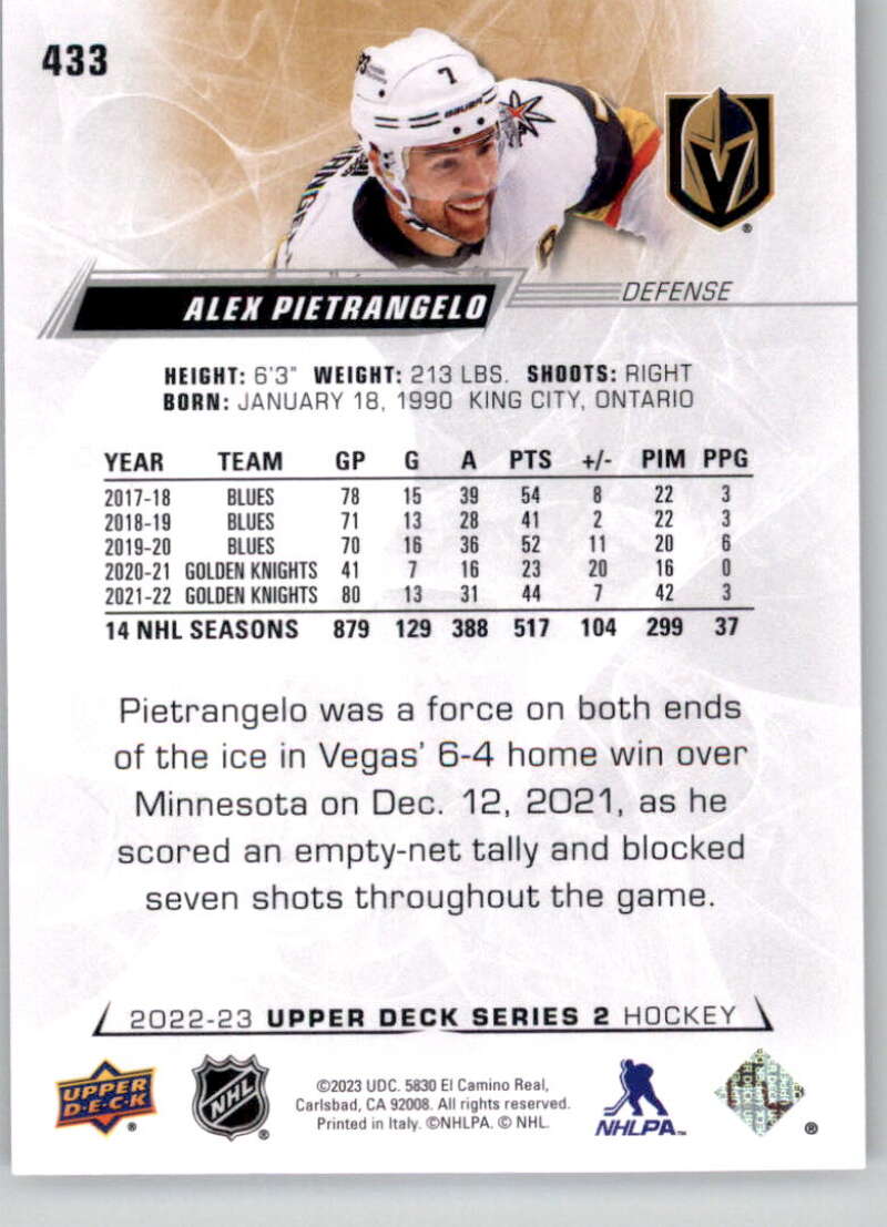 2022-23 Upper Deck Hockey #433 Alex Pietrangelo Vegas Golden Knights Image 2