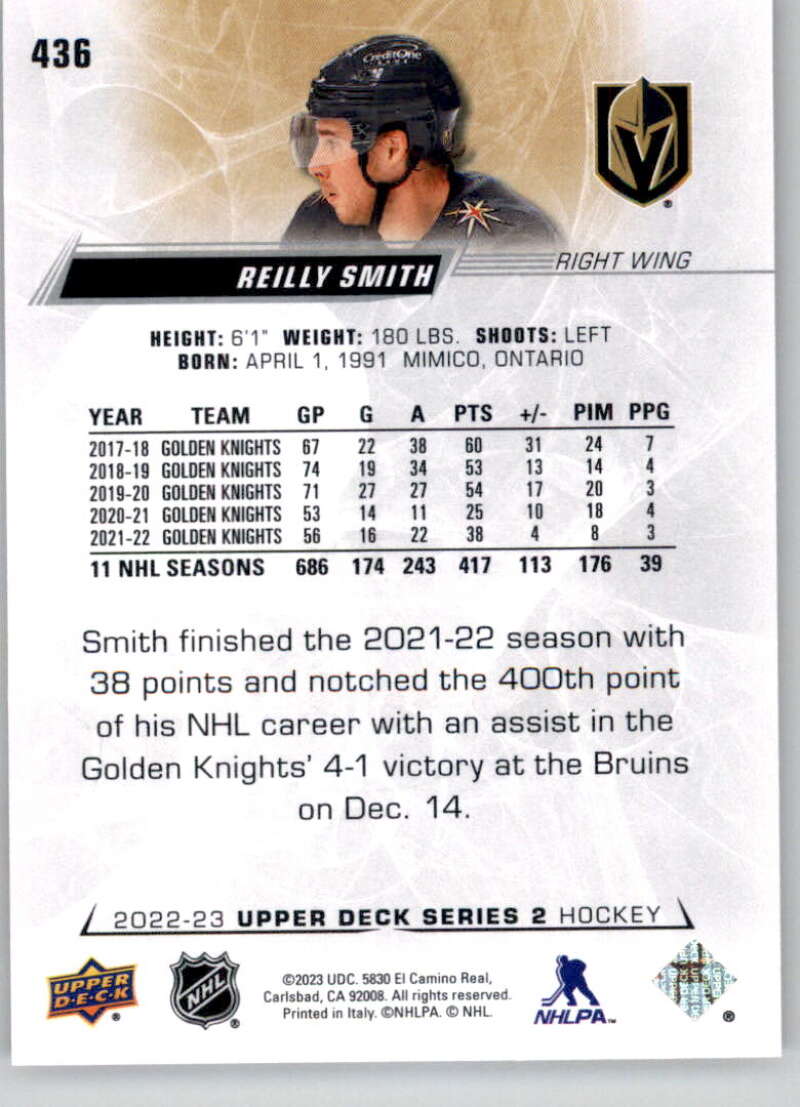 2022-23 Upper Deck Hockey #436 Reilly Smith Vegas Golden Knights Image 2