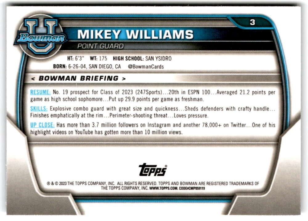 2022-23 Bowman University Chrome Basketball #3 Mikey Williams High School V97301 Image 2
