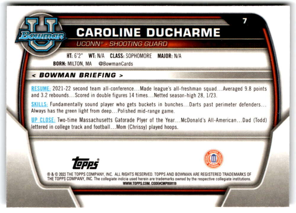 2022-23 Bowman University Chrome Basketball #7 Caroline Ducharme V97306 Image 2