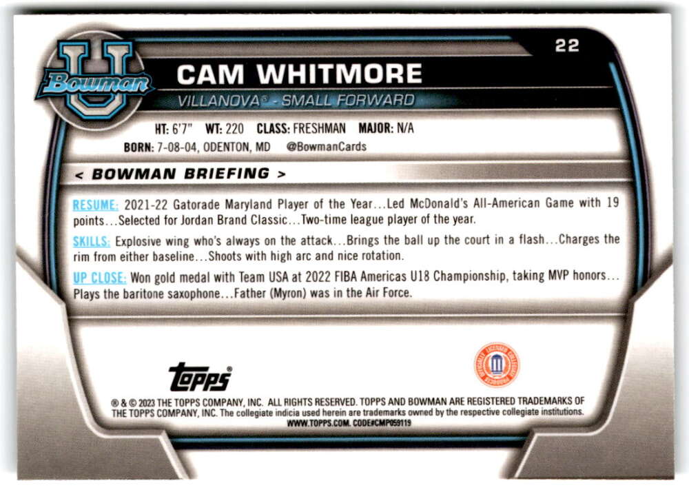 2022-23 Bowman University Chrome Basketball #22 Cam Whitmore V97325 Image 2