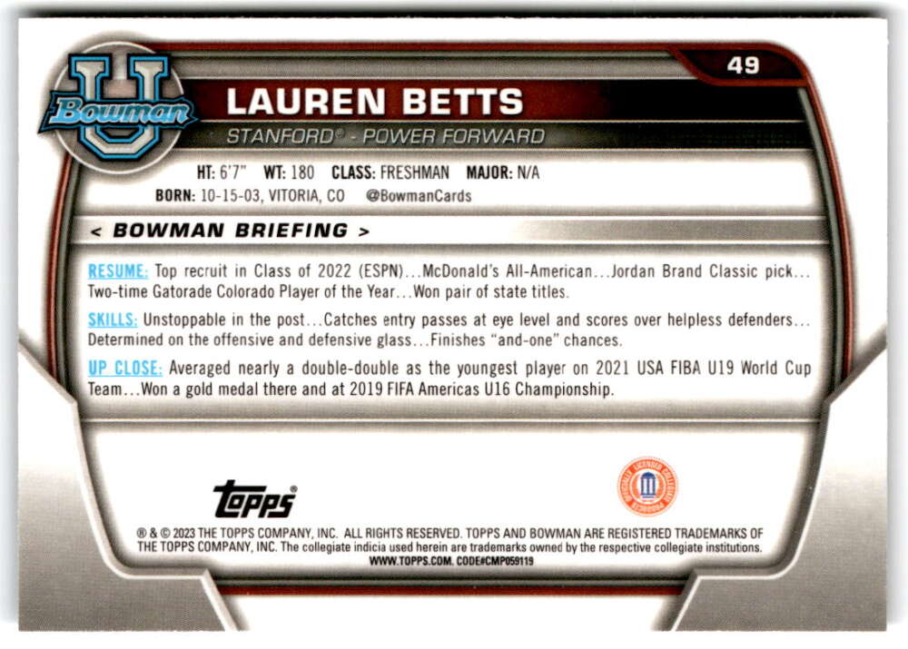 2022-23 Bowman University Chrome Basketball #49 Lauren Betts Bowman V97352 Image 2