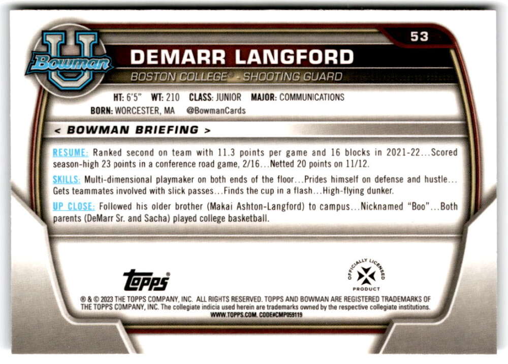 2022-23 Bowman University Chrome Basketball #53 Demarr Langford Bowman V97355 Image 2