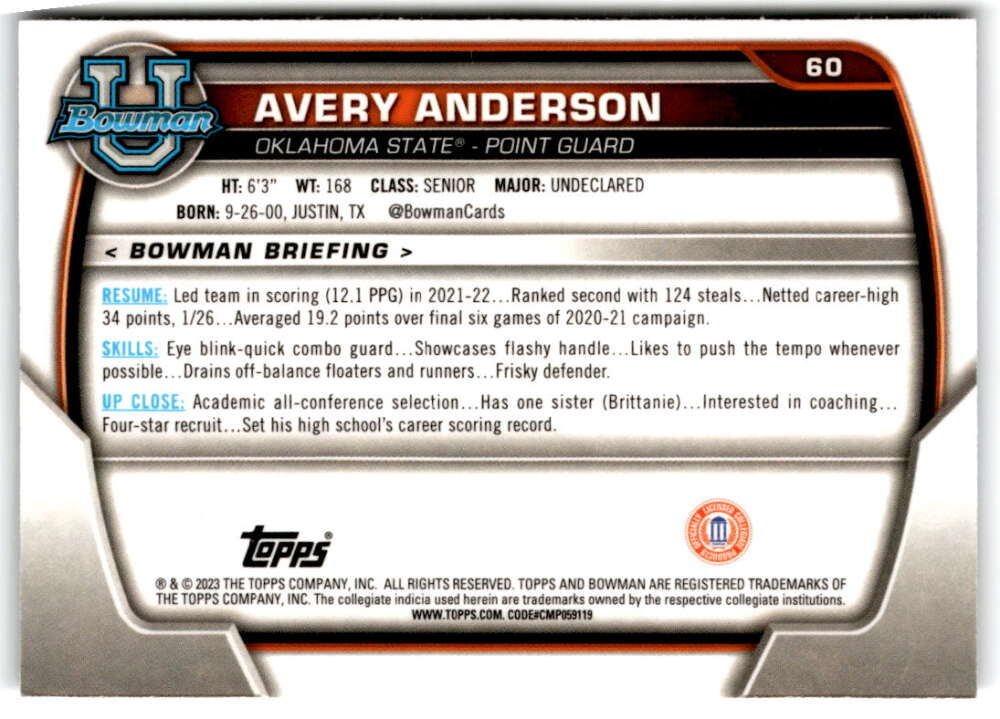2022-23 Bowman University Chrome Basketball #60 Avery Anderson Bowman V97361 Image 2