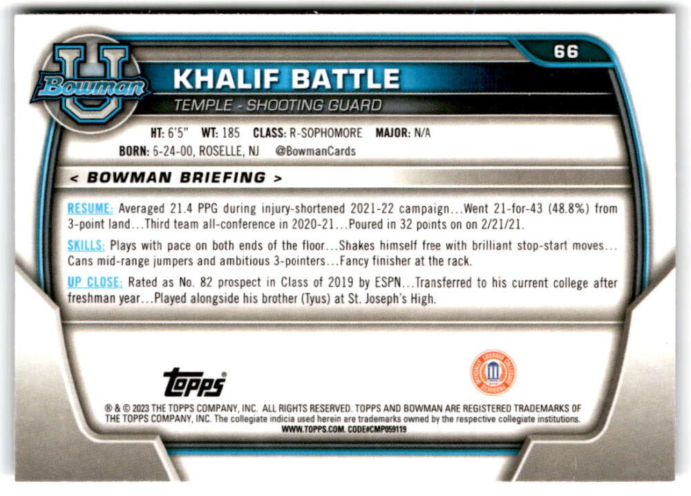 2022-23 Bowman University Chrome Basketball #66 Khalif Battle Bowman V97369 Image 2