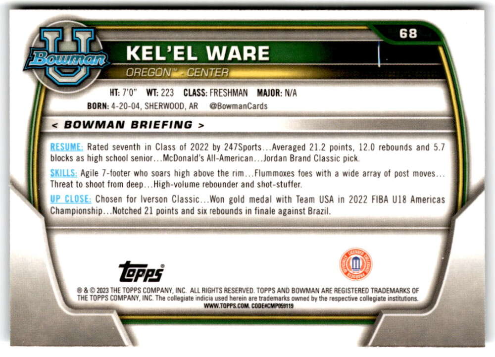 2022-23 Bowman University Chrome Basketball #68 Kel'el Ware Bowman V97370 Image 2