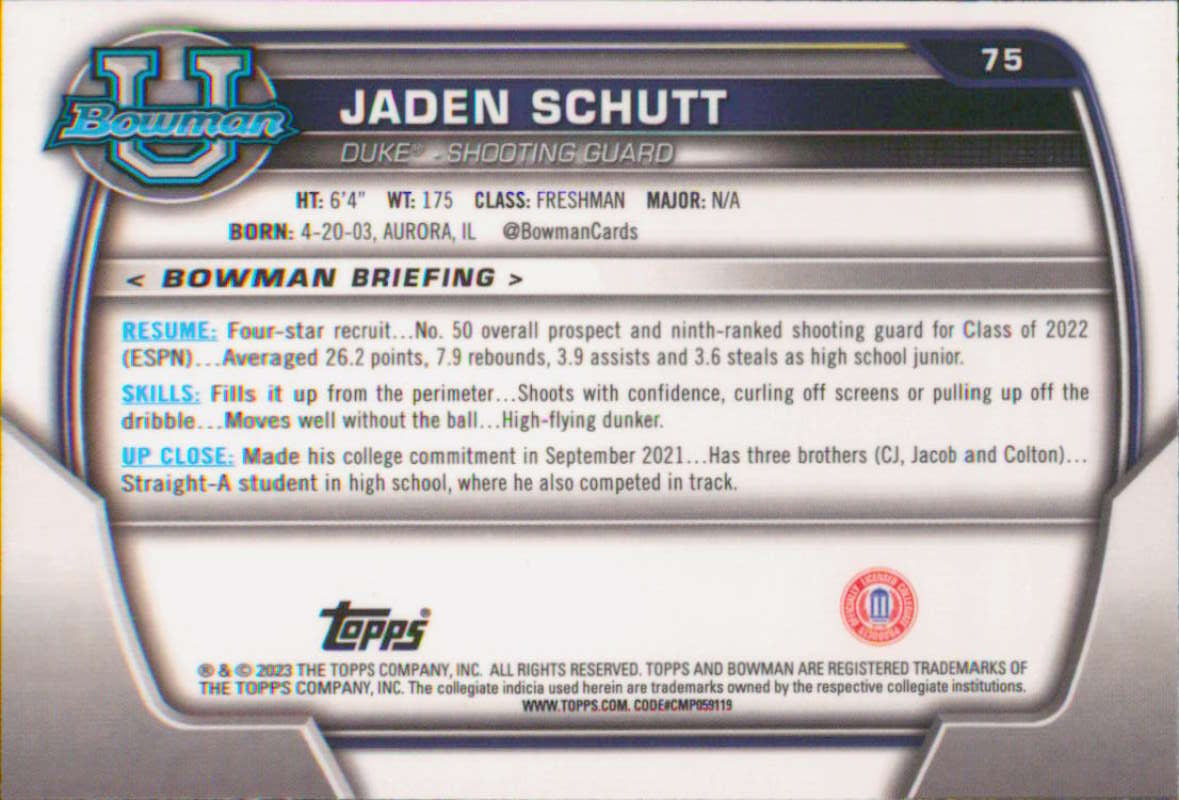 2022-23 Bowman University Chrome Basketball #75 Jaden Schutt Bowman V97379 Image 2