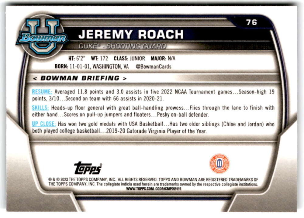 2022-23 Bowman University Chrome Basketball #76 Jeremy Roach Duke V97380 Image 2