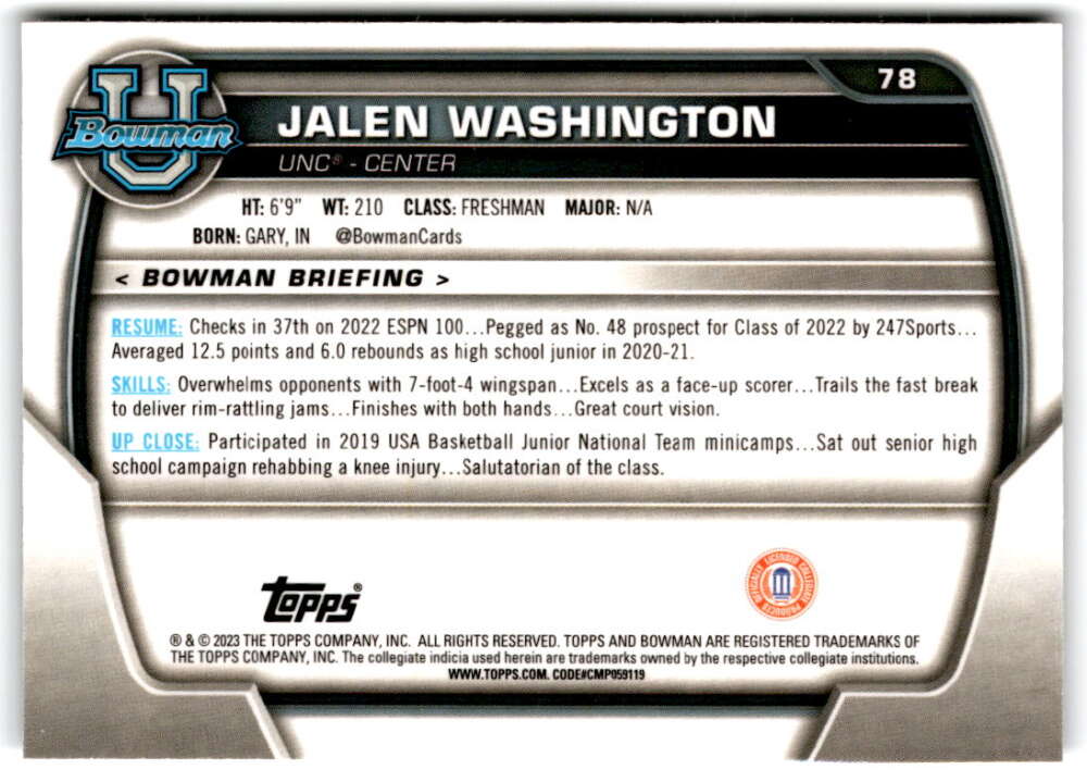2022-23 Bowman University Chrome Basketball #78 Jalen Washington Bowman V97381 Image 2