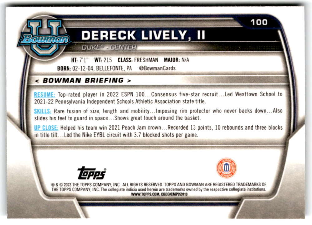 2022-23 Bowman University Chrome Basketball #100 Dereck Lively II Bowman V97404 Image 2