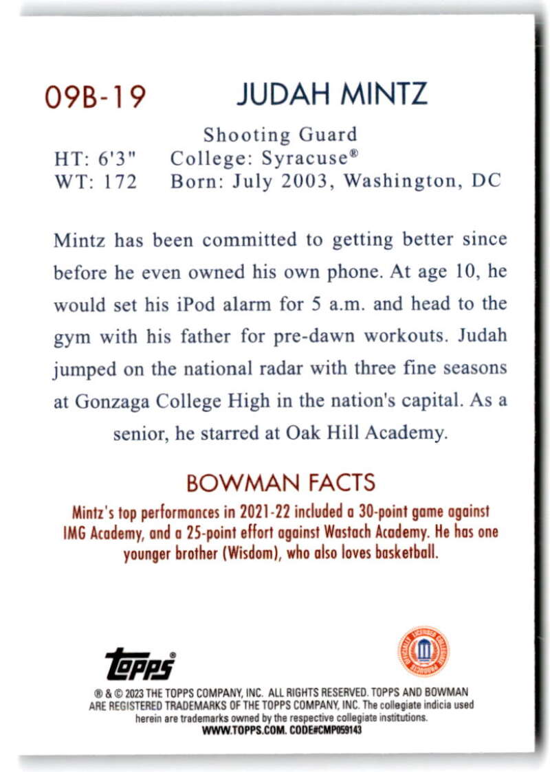 2022-23 Bowman University Chrome Basketball 2009 Bowman Judah Mintz V97414 Image 2