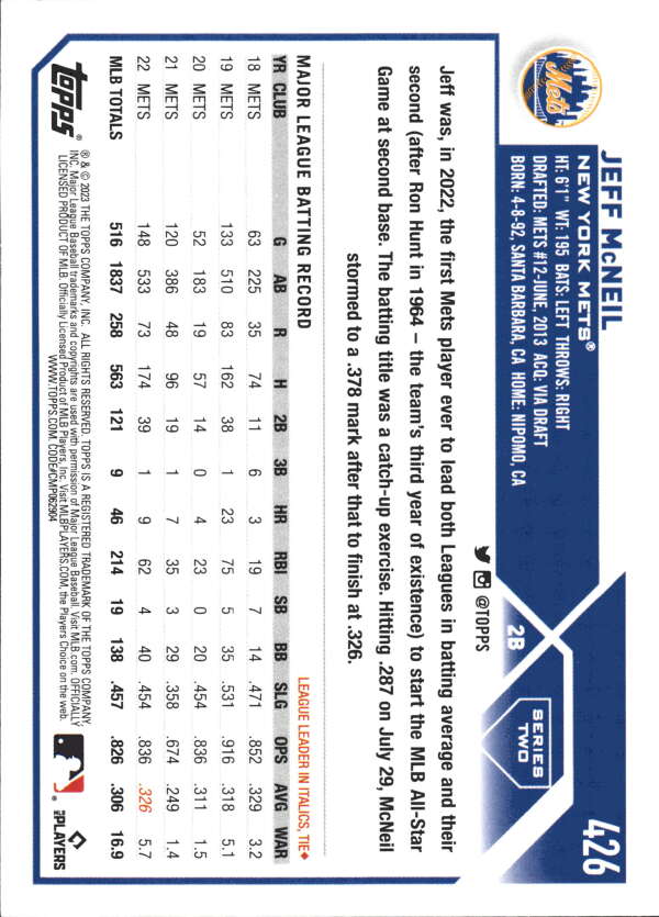 2023 Topps Baseball #426 Jeff McNeil New York Mets Image 2