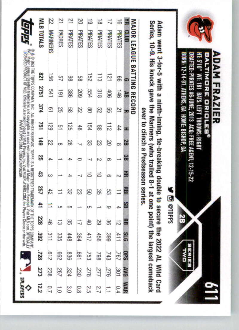 2023 Topps Baseball #611 Adam Frazier Baltimore Orioles Image 2