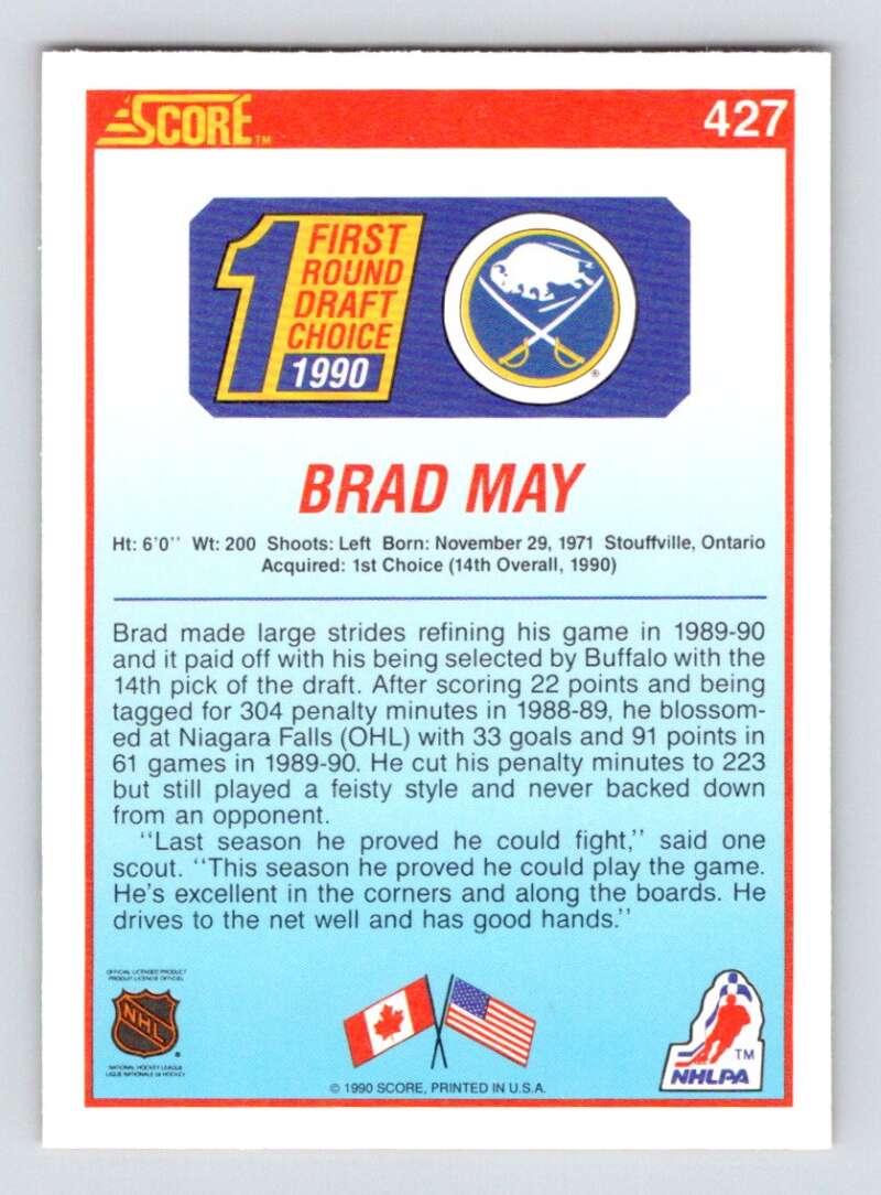 1990-91 Score American #427 Brad May RC Rookie Buffalo Sabres Image 2