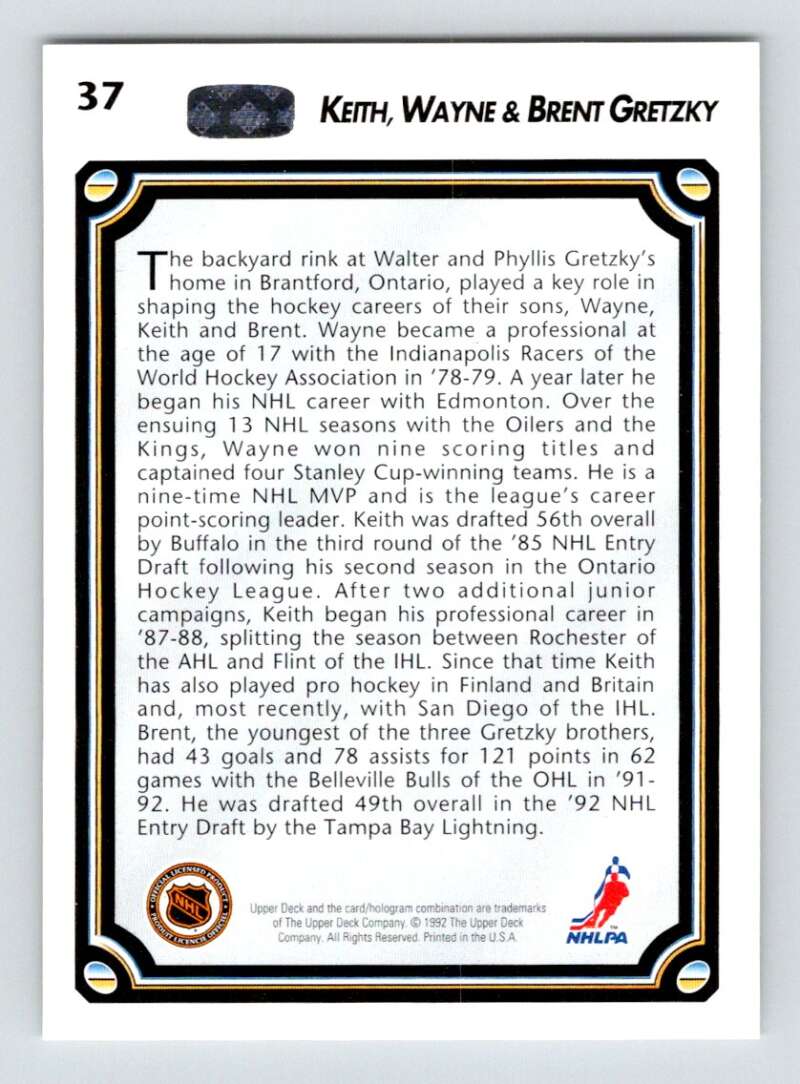 1992-93 Upper Deck Hockey #37 Brent Gretzky/Keith Gretzky/Wayne Gretzky Image 2