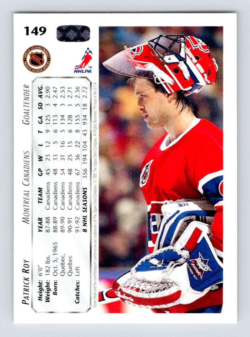 1992-93 Upper Deck Hockey #149 Patrick Roy Montreal Canadiens Image 2