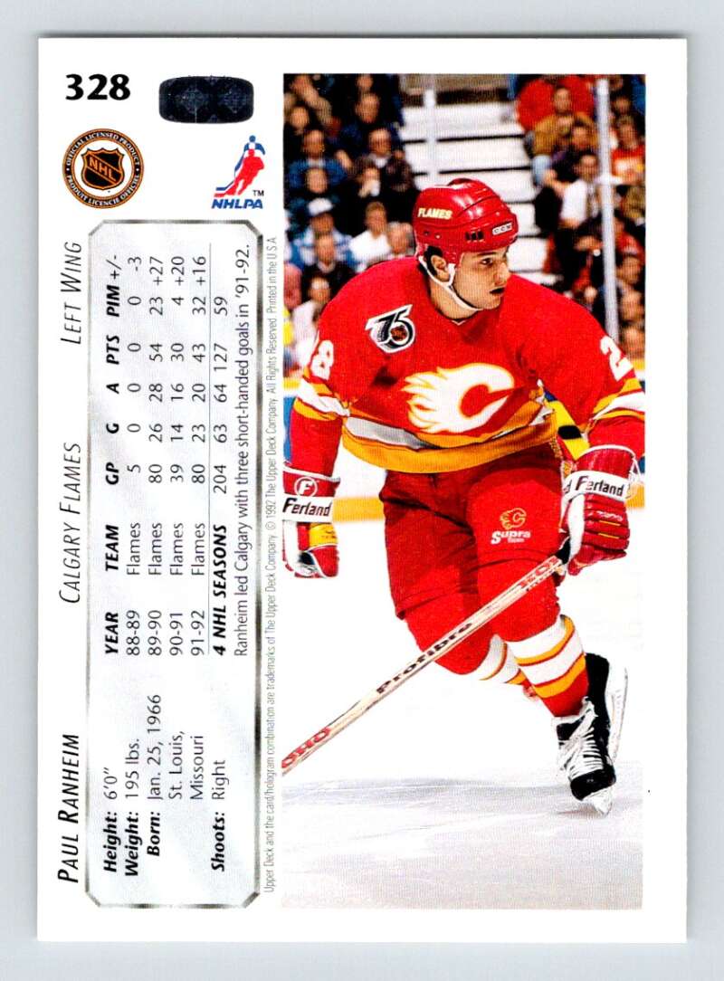1992-93 Upper Deck Hockey #328 Paul Ranheim Calgary Flames Image 2