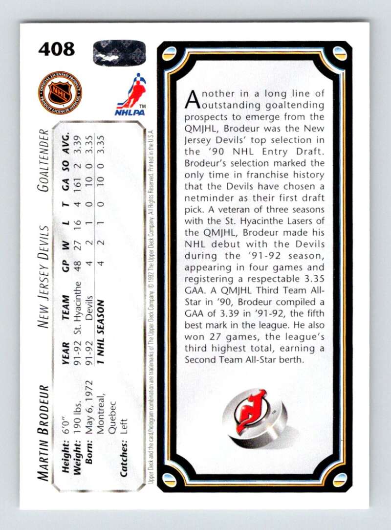 1992-93 Upper Deck Hockey #408 Martin Brodeur SR RC Rookie New Jersey Devils Image 2