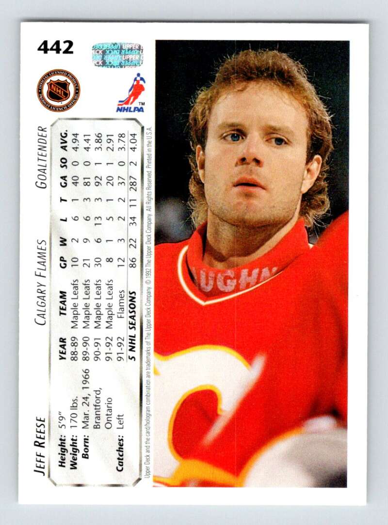 1992-93 Upper Deck Hockey #442 Jeff Reese Calgary Flames Image 2