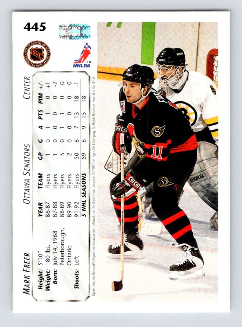 1992-93 Upper Deck Hockey #445 Mark Freer Ottawa Senators Image 2
