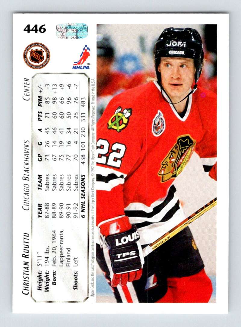 1992-93 Upper Deck Hockey #446 Christian Ruuttu Chicago Blackhawks Image 2