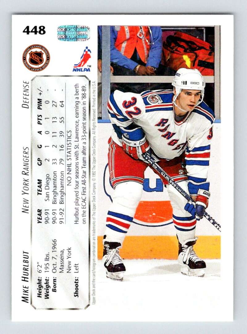 1992-93 Upper Deck Hockey #448 Mike Hurlbut RC Rookie New York Rangers Image 2