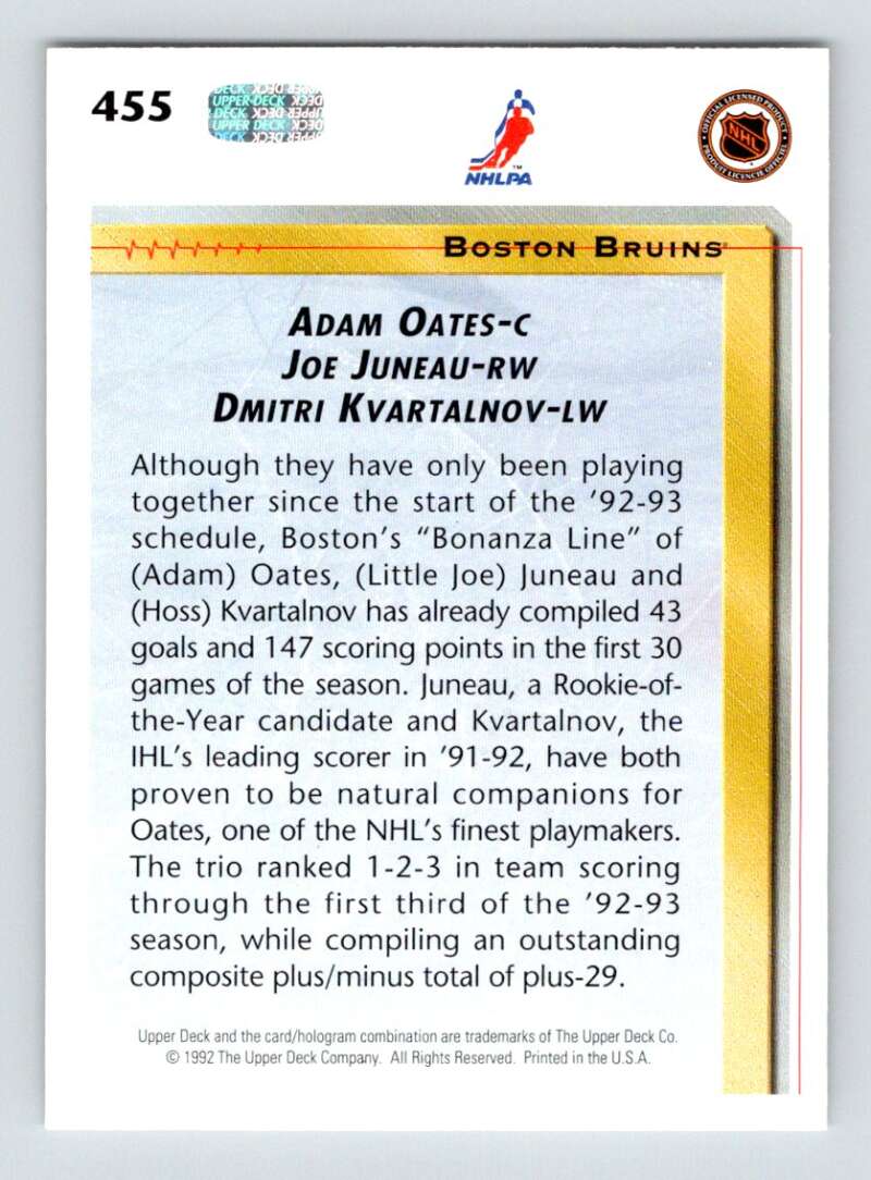 1992-93 Upper Deck Hockey #455 Oates/Kvartalnov/Juneau LL Bruins Image 2