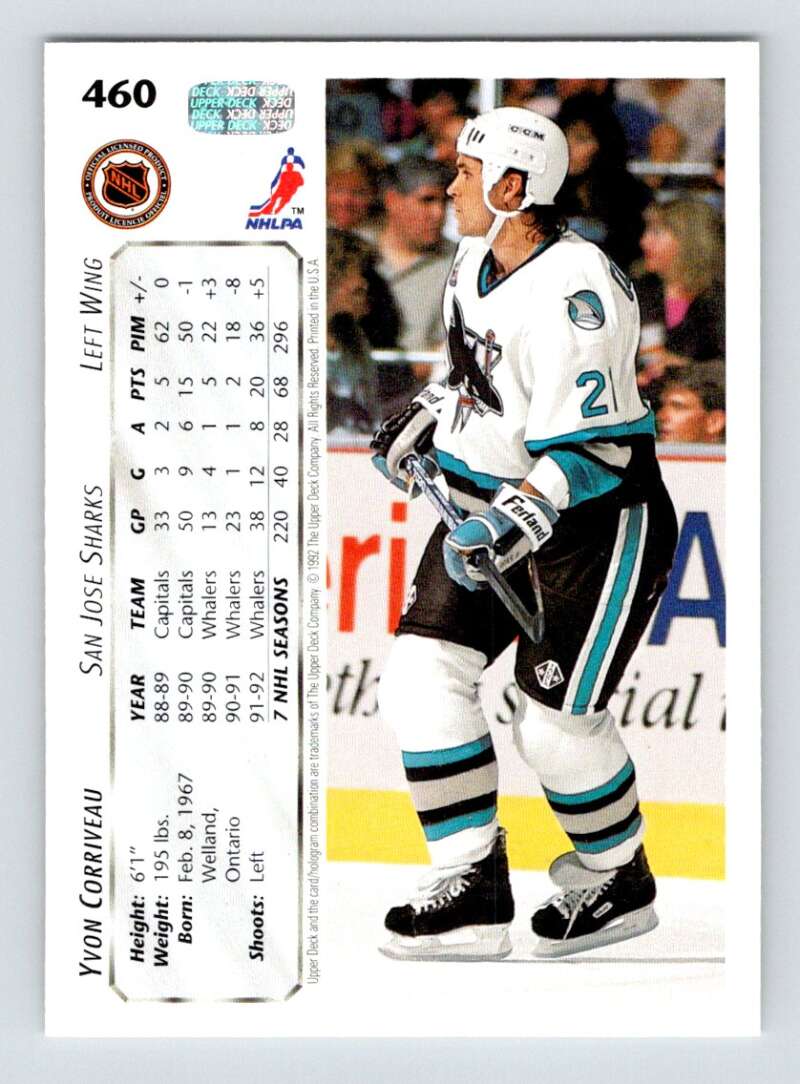 1992-93 Upper Deck Hockey #460 Yvon Corriveau San Jose Sharks Image 2