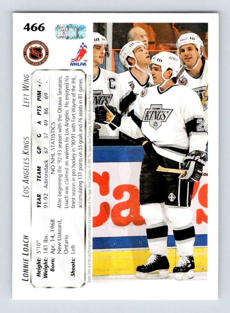 1992-93 Upper Deck Hockey #466 Lonnie Loach RC Rookie Los Angeles Kings Image 2