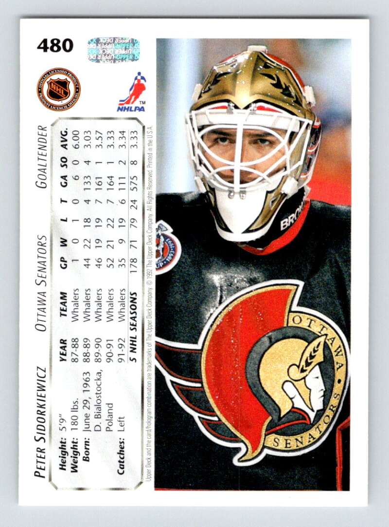 1992-93 Upper Deck Hockey #480 Peter Sidorkiewicz Ottawa Senators Image 2