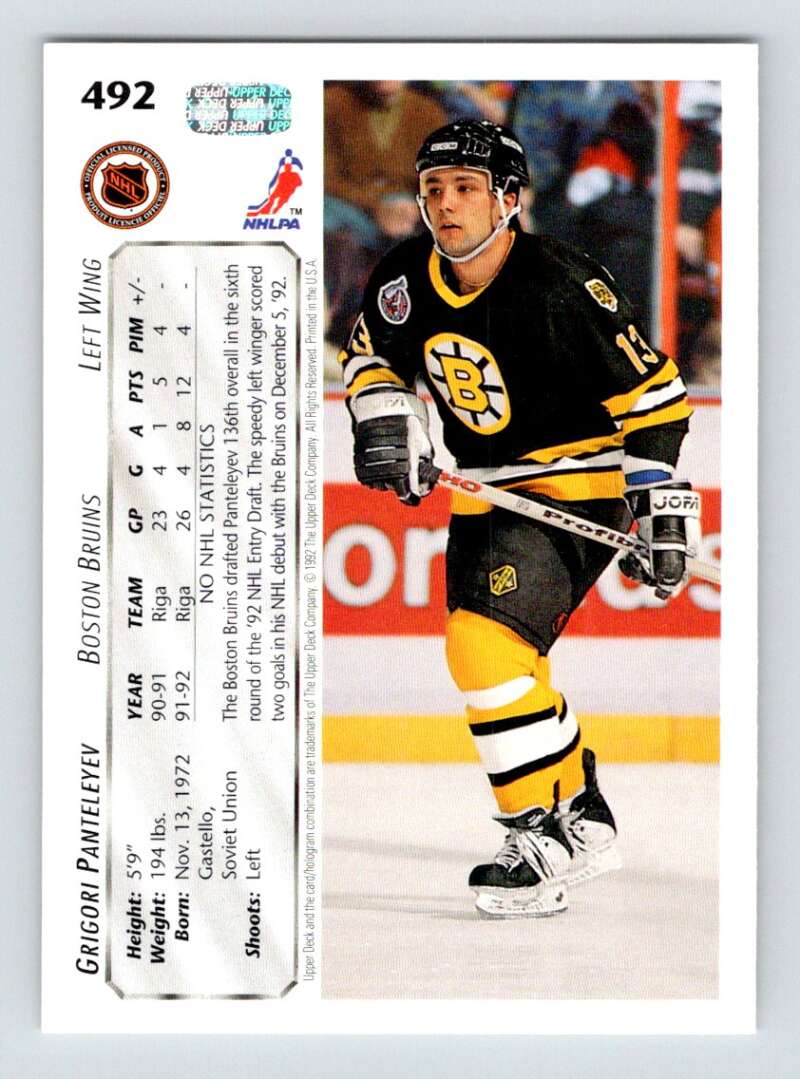 1992-93 Upper Deck Hockey #492 Grigori Panteleyev RC Rookie Boston Bruins Image 2