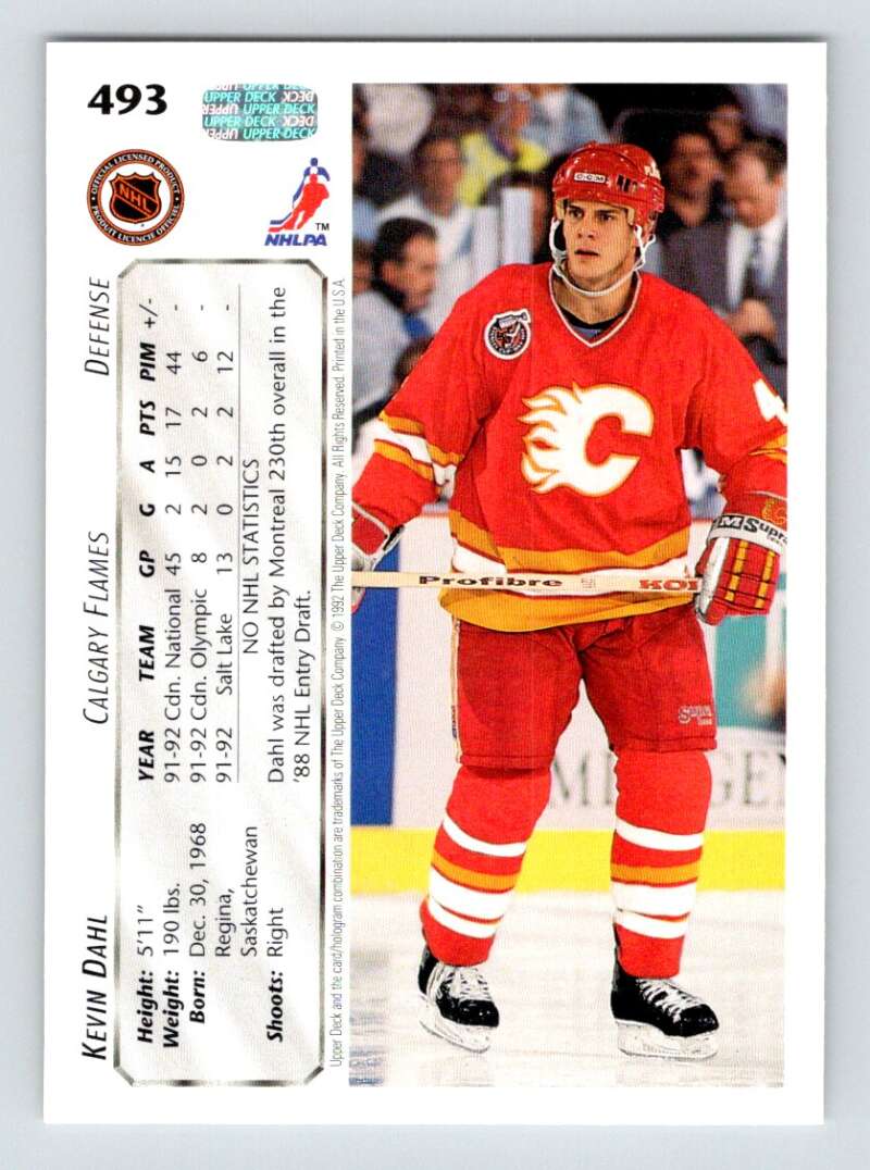 1992-93 Upper Deck Hockey #493 Kevin Dahl RC Rookie Calgary Flames Image 2