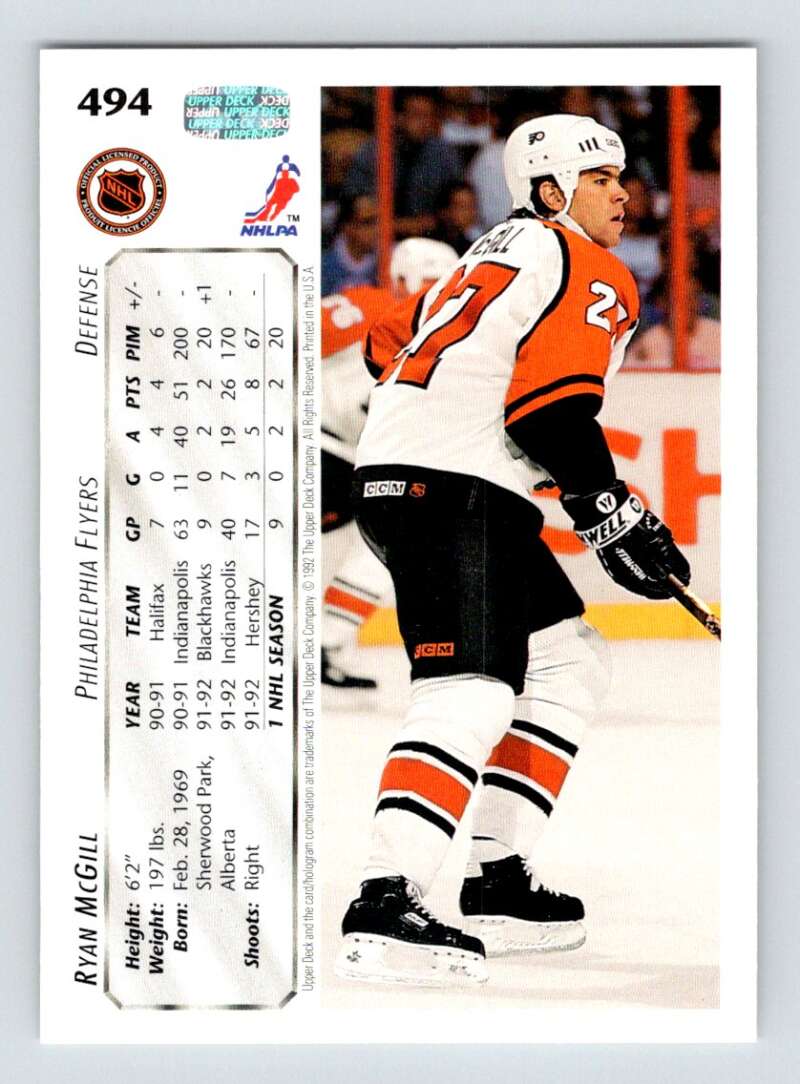 1992-93 Upper Deck Hockey #494 Ryan McGill RC Rookie Philadelphia Flyers Image 2
